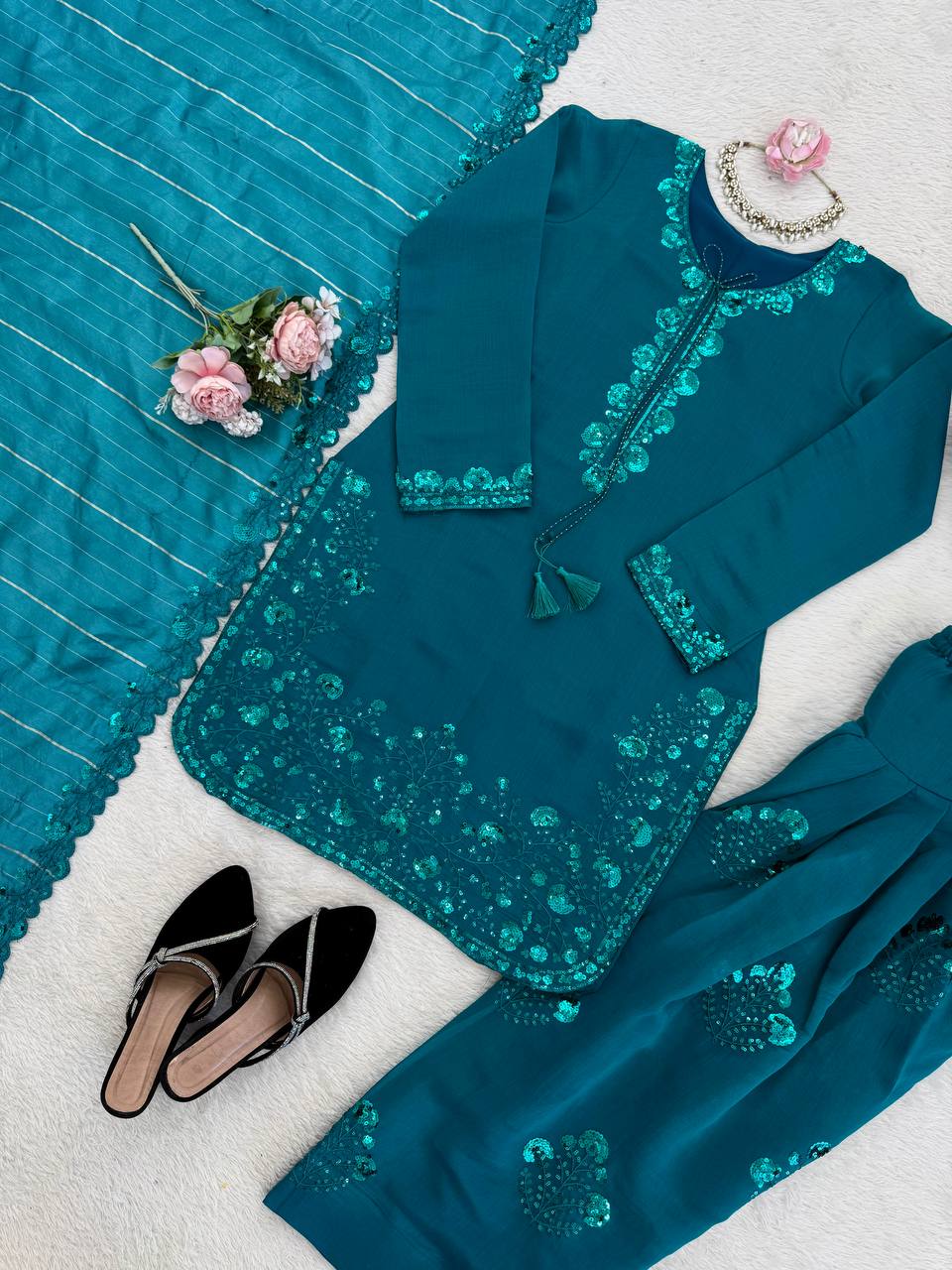 Charming Sky Blue Color Squence Embroidered Farshi Palazzo Suit