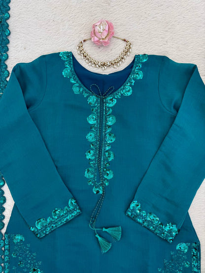 Charming Sky Blue Color Squence Embroidered Farshi Palazzo Suit