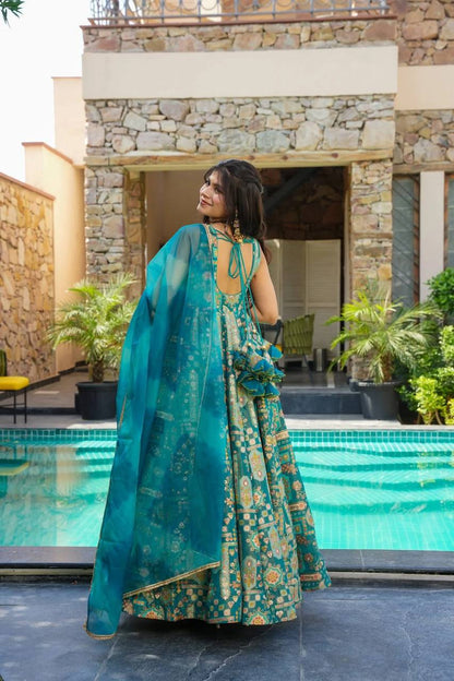 Ceremony Wear Aqua Blue Color Pure Jimmy Organza Silk With Digital Printed Designer Gown