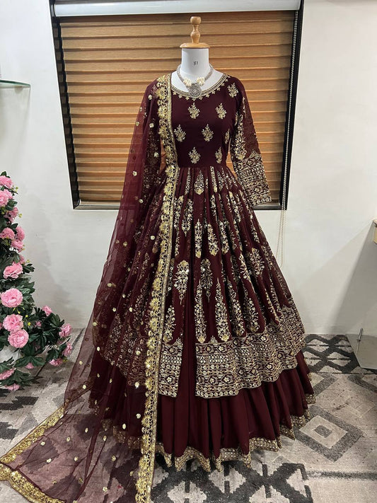 Wedding Wear Maroon Color Faux Georgette With Heavy Embroidery Sequence Work Lehenga Suit