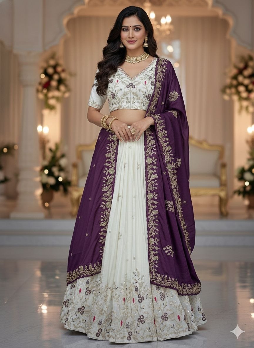 Reception Wear Purple Color Chinon Embroidered Lehenga Choli