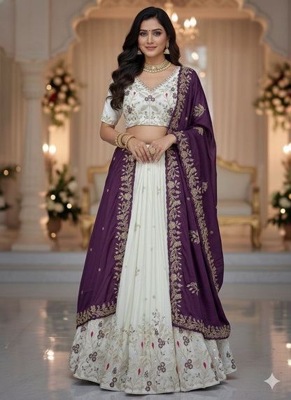 Reception Wear Purple Color Chinon Embroidered Lehenga Choli
