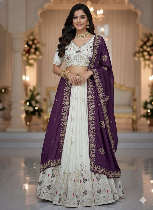 Reception Wear Purple Color Chinon Embroidered Lehenga Choli