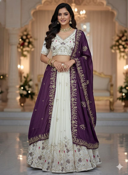 Reception Wear Purple Color Chinon Embroidered Lehenga Choli