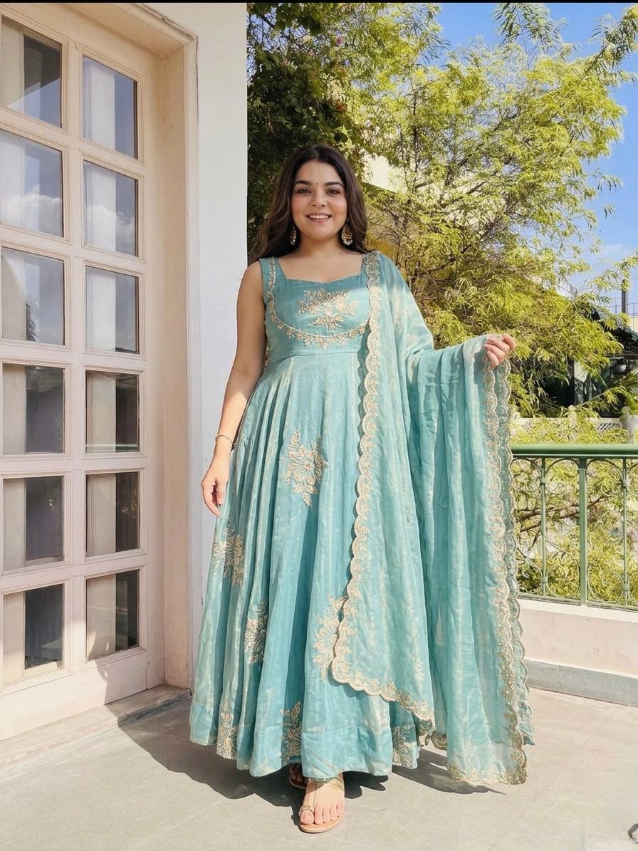 Demanding Sky Blue Color Pure Fendy Embroidery Silk Anarkali Gown