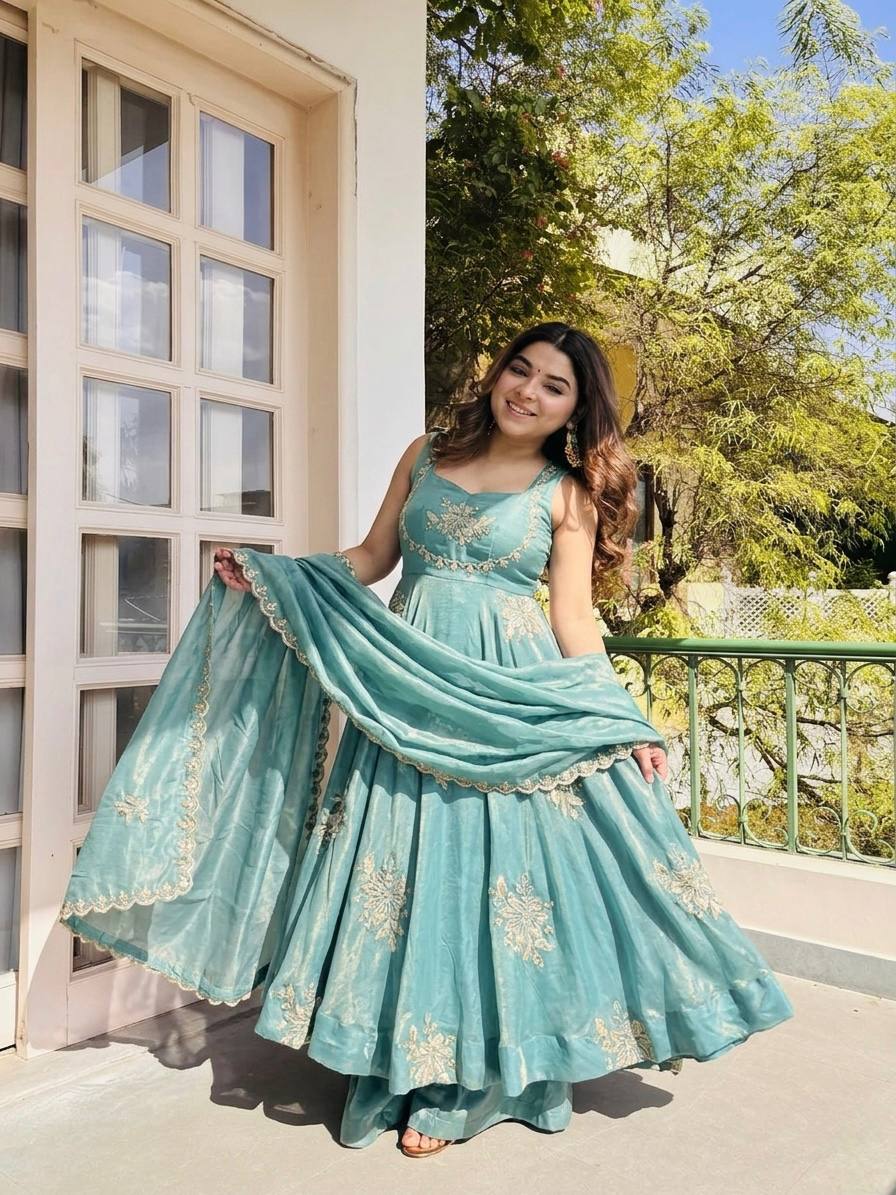 Demanding Sky Blue Color Pure Fendy Embroidery Silk Anarkali Gown