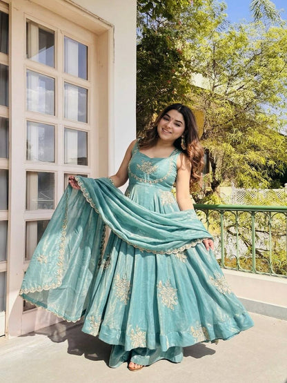 Demanding Sky Blue Color Pure Fendy Embroidery Silk Anarkali Gown