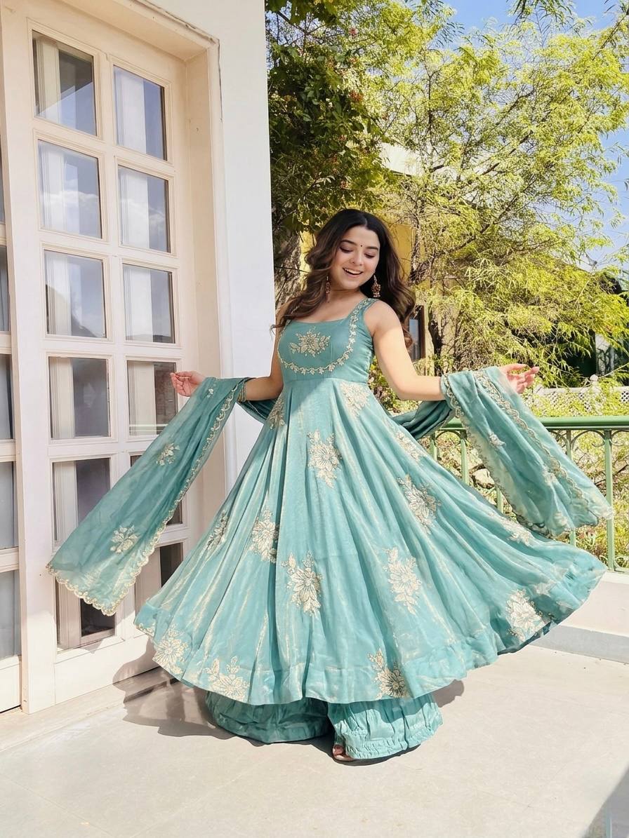 Demanding Sky Blue Color Pure Fendy Embroidery Silk Anarkali Gown