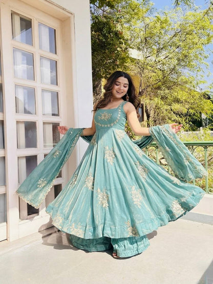 Demanding Sky Blue Color Pure Fendy Embroidery Silk Anarkali Gown