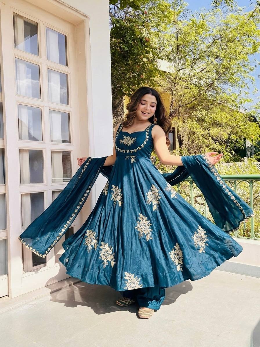 Wedding Wear Navy Blue Color Embroidery Anarkali Gown With Dupatta