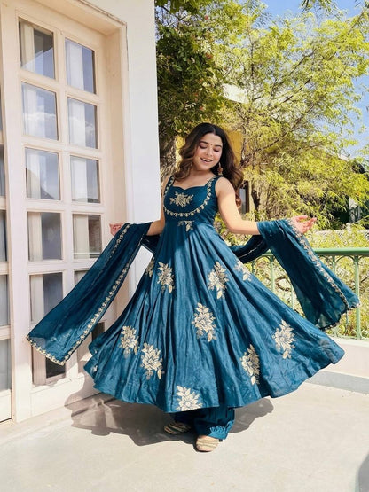 Wedding Wear Navy Blue Color Embroidery Anarkali Gown With Dupatta
