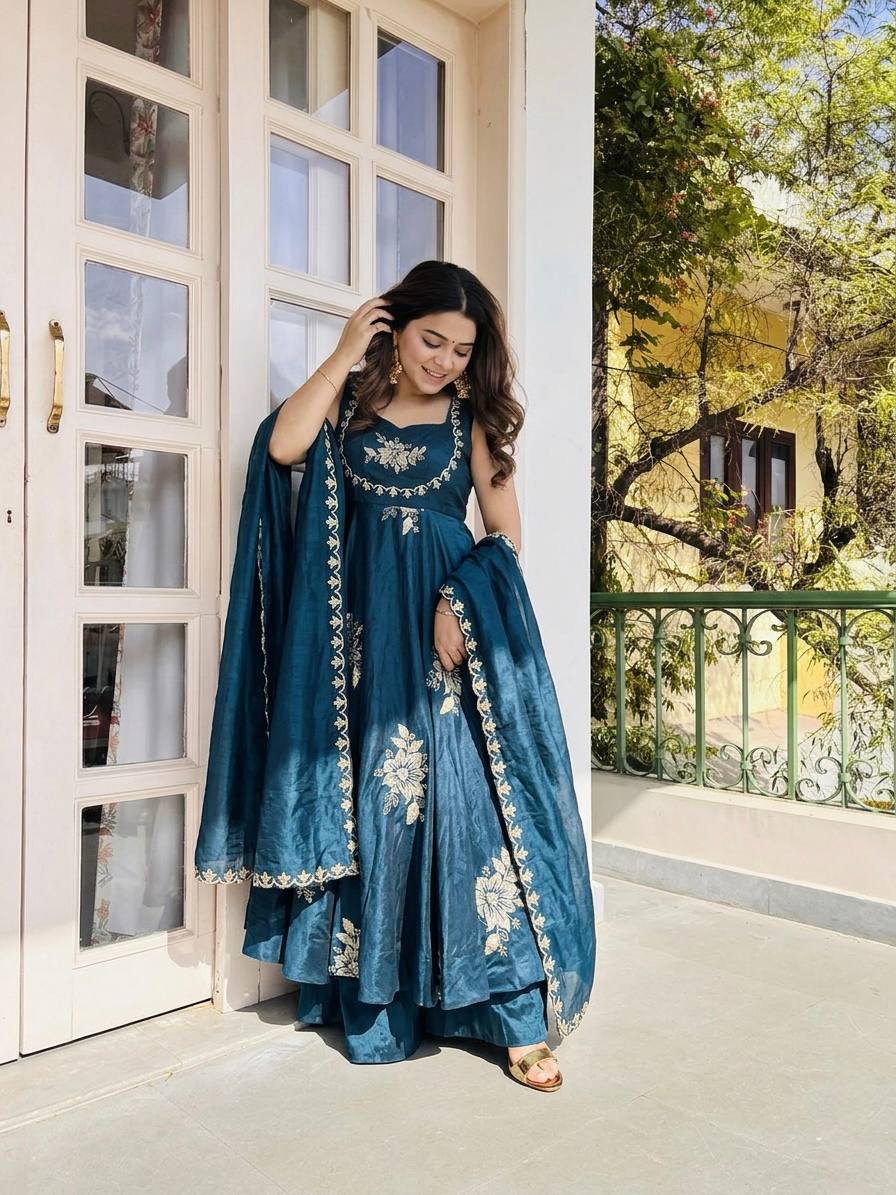 Wedding Wear Navy Blue Color Embroidery Anarkali Gown With Dupatta