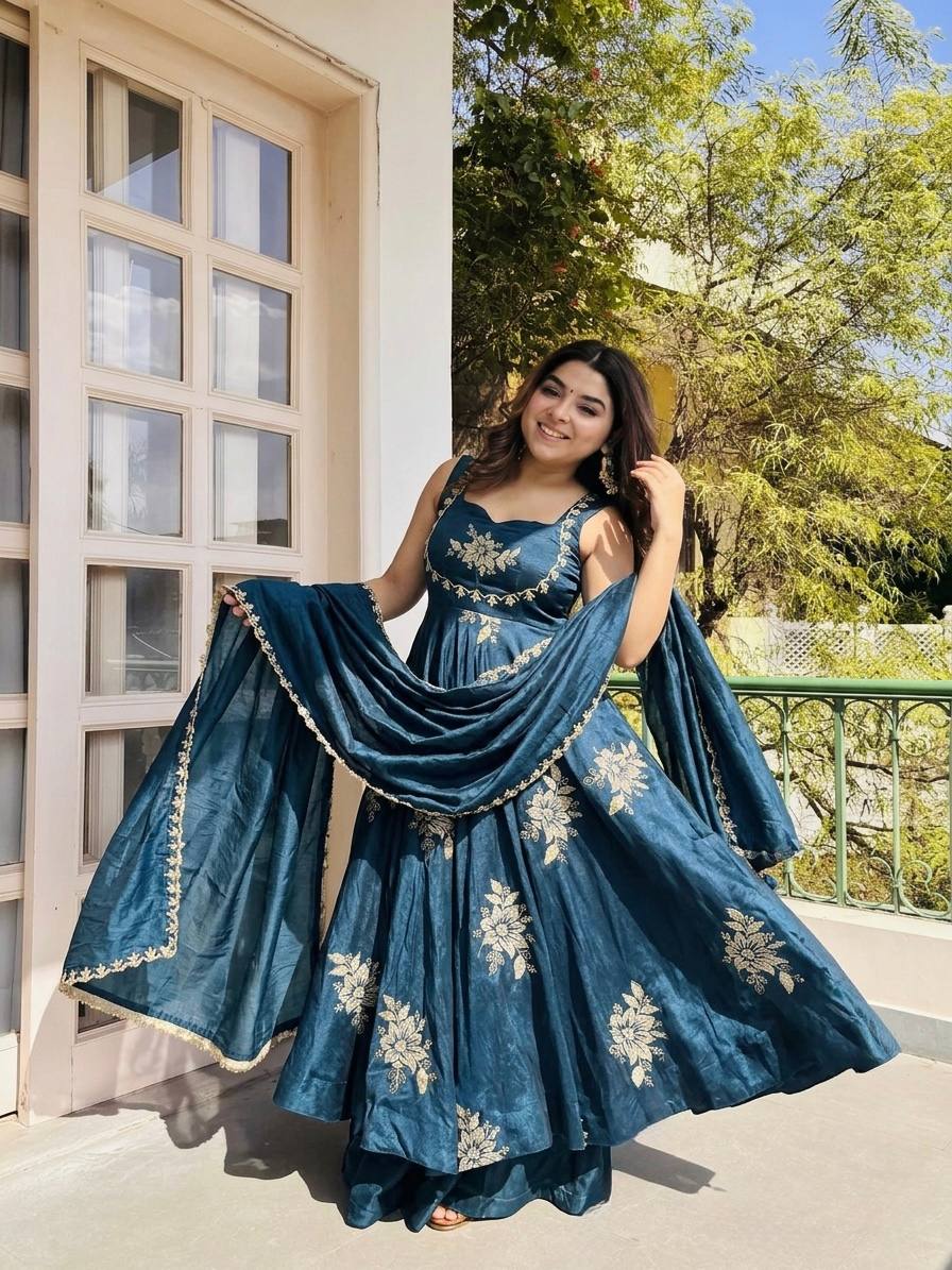 Wedding Wear Navy Blue Color Embroidery Anarkali Gown With Dupatta