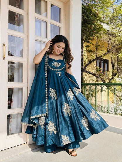 Wedding Wear Navy Blue Color Embroidery Anarkali Gown With Dupatta