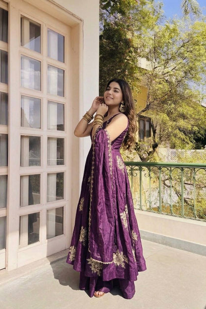 Designer Purple Color Embroidery Sequin Work Silk Anarkali Gown
