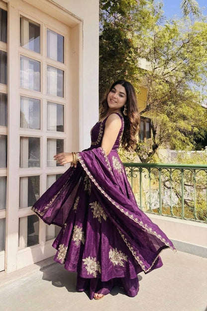 Designer Purple Color Embroidery Sequin Work Silk Anarkali Gown