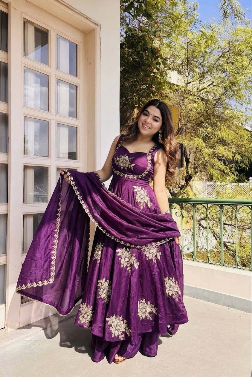 Designer Purple Color Embroidery Sequin Work Silk Anarkali Gown