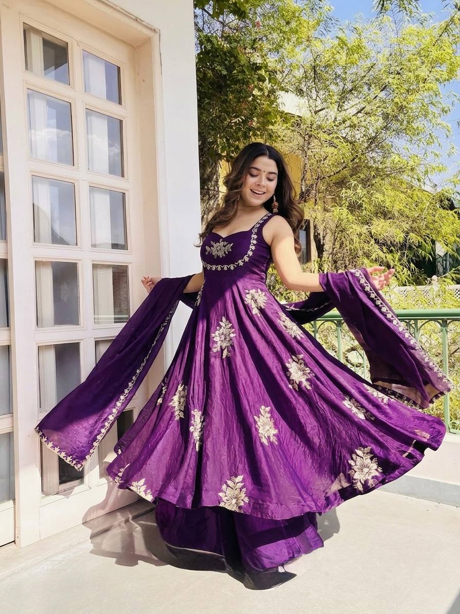 Designer Purple Color Embroidery Sequin Work Silk Anarkali Gown