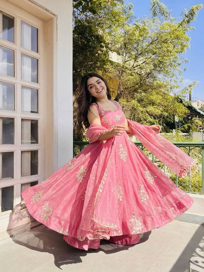 Awesome Pink Color Sequin Work Pure Fendy Silk Anarkali Gown Set