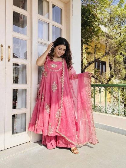 Awesome Pink Color Sequin Work Pure Fendy Silk Anarkali Gown Set