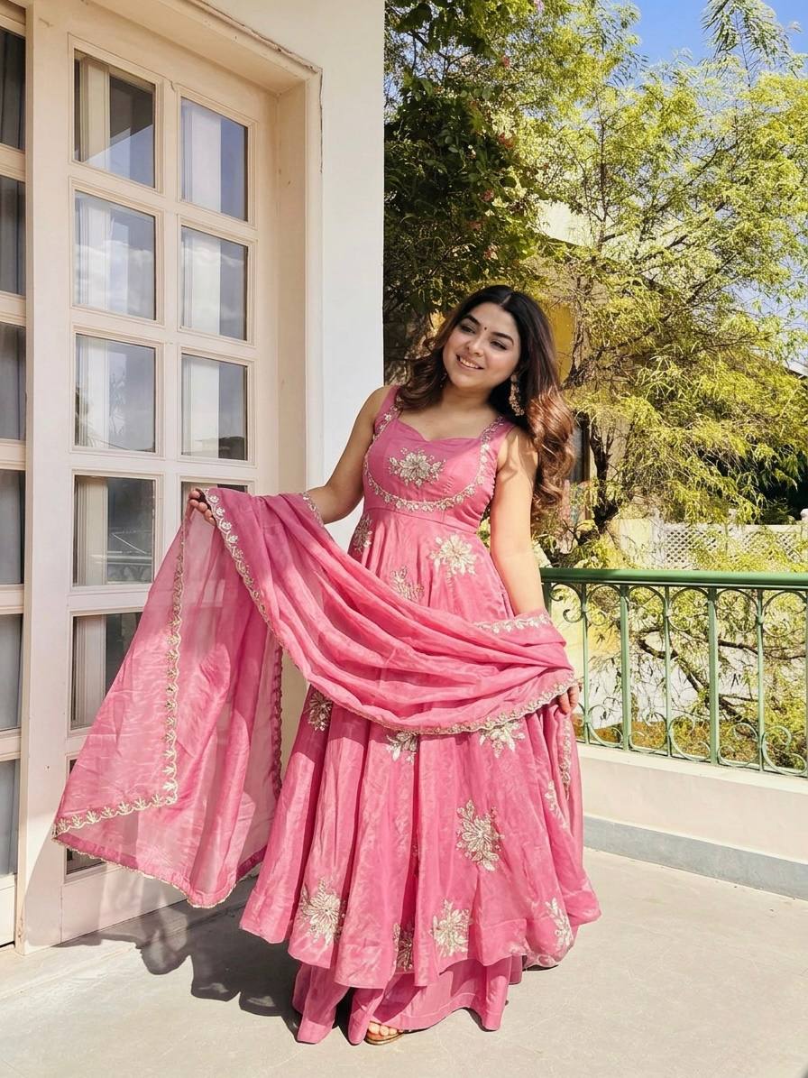 Awesome Pink Color Sequin Work Pure Fendy Silk Anarkali Gown Set
