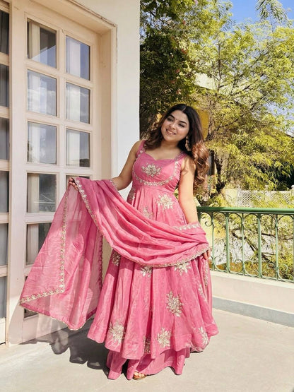 Awesome Pink Color Sequin Work Pure Fendy Silk Anarkali Gown Set
