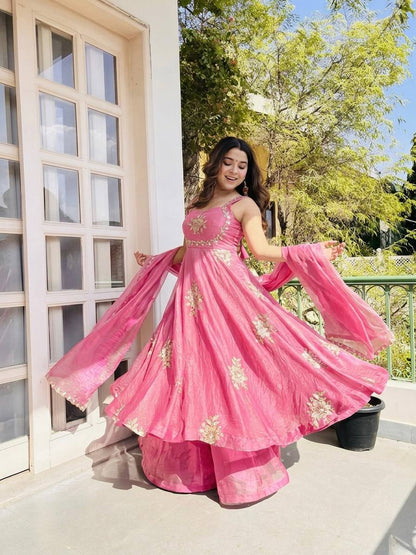 Awesome Pink Color Sequin Work Pure Fendy Silk Anarkali Gown Set
