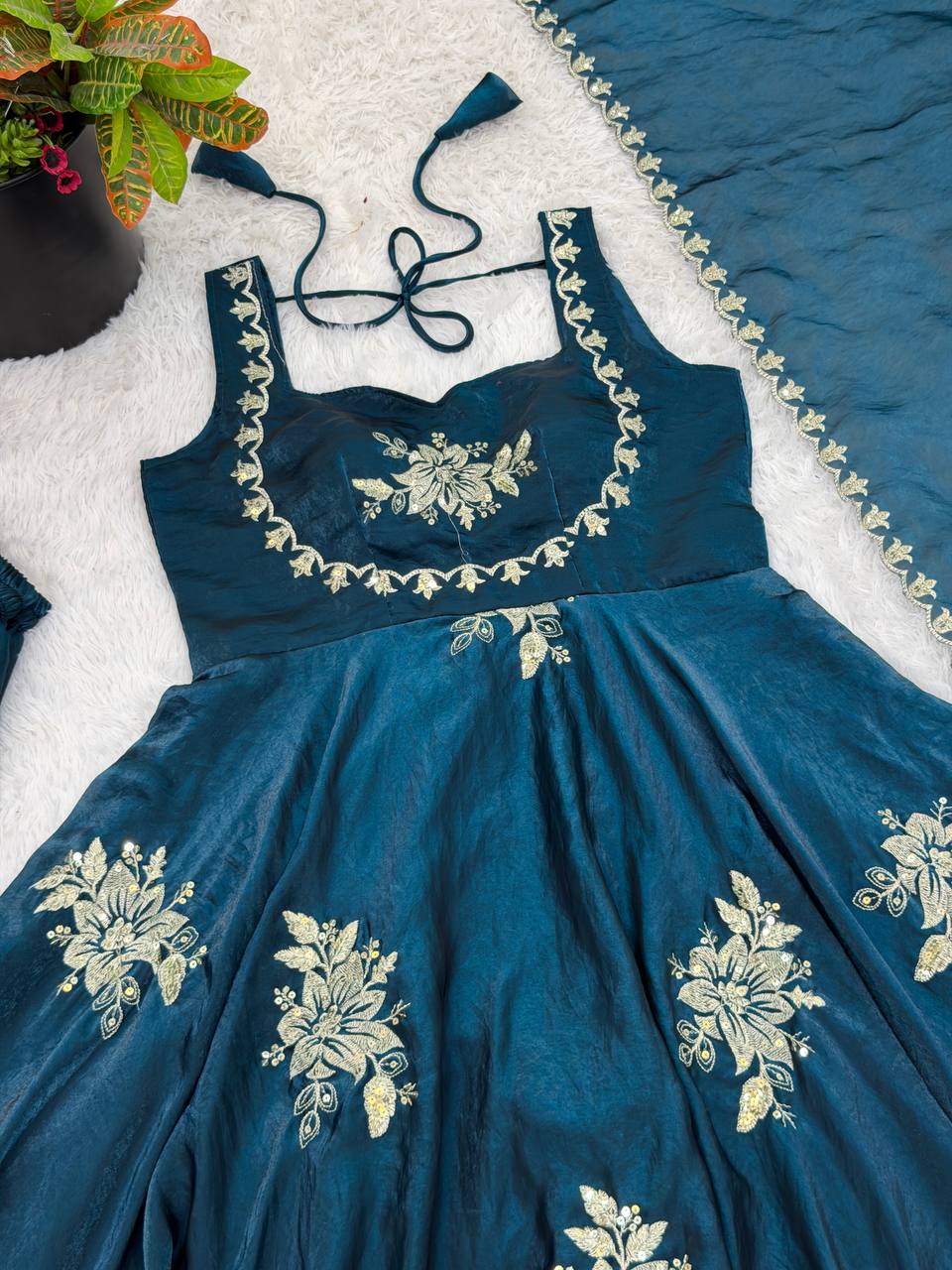 Wedding Wear Navy Blue Color Embroidery Anarkali Gown With Dupatta