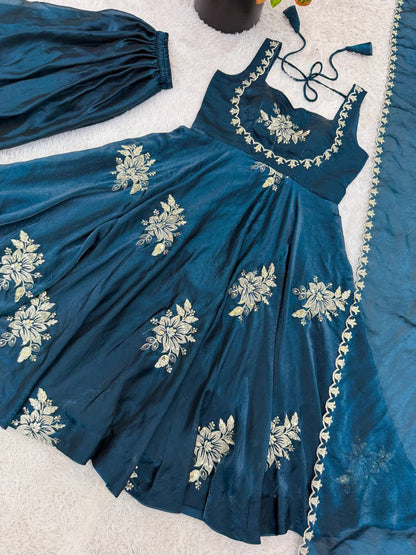 Wedding Wear Navy Blue Color Embroidery Anarkali Gown With Dupatta
