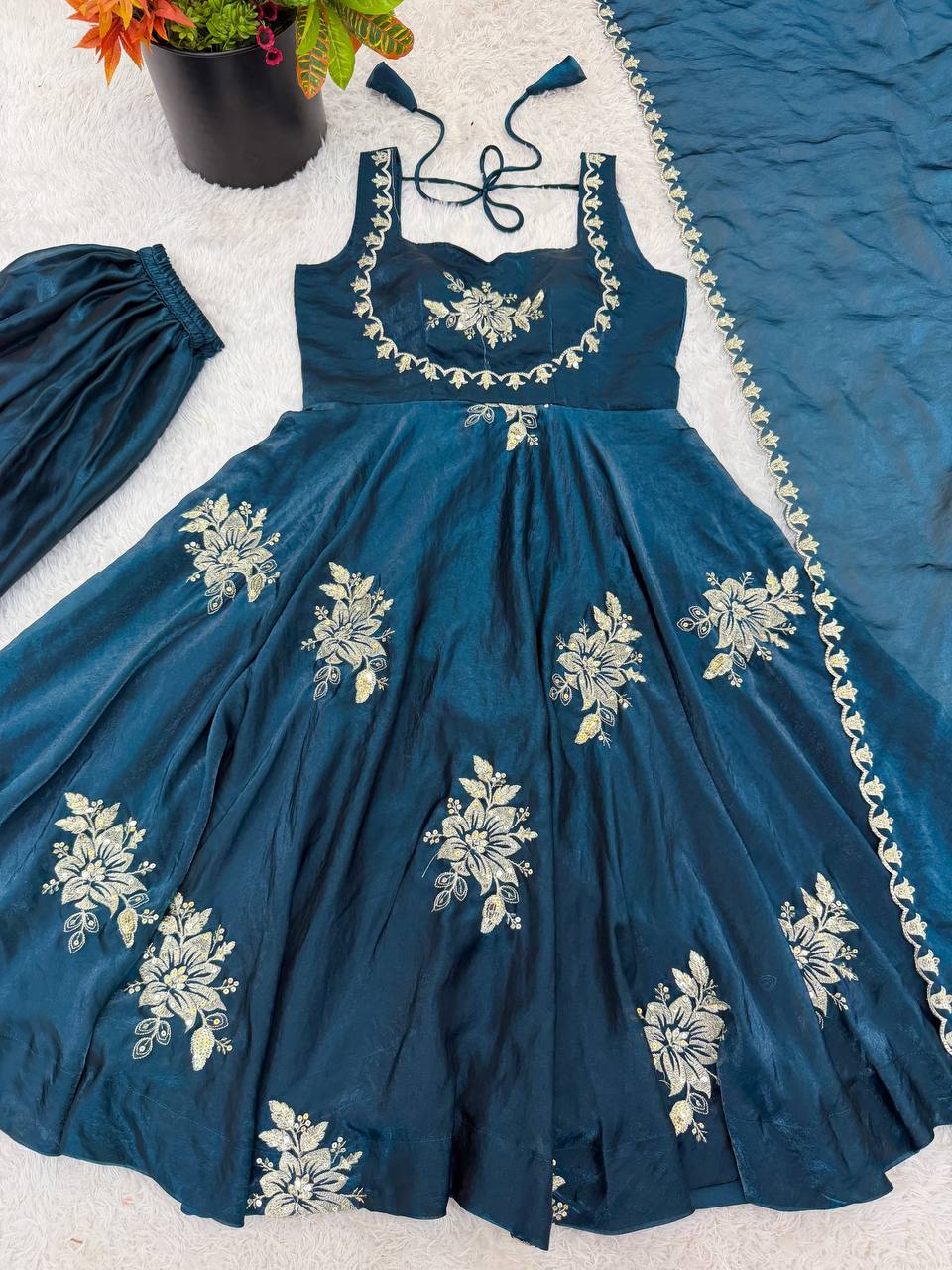 Wedding Wear Navy Blue Color Embroidery Anarkali Gown With Dupatta