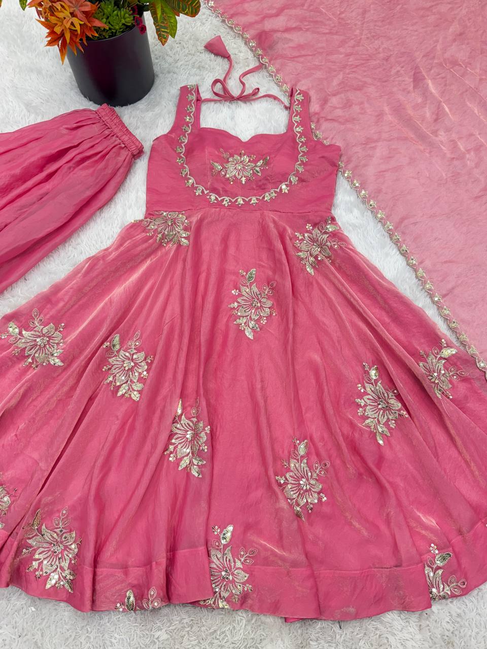 Awesome Pink Color Sequin Work Pure Fendy Silk Anarkali Gown Set