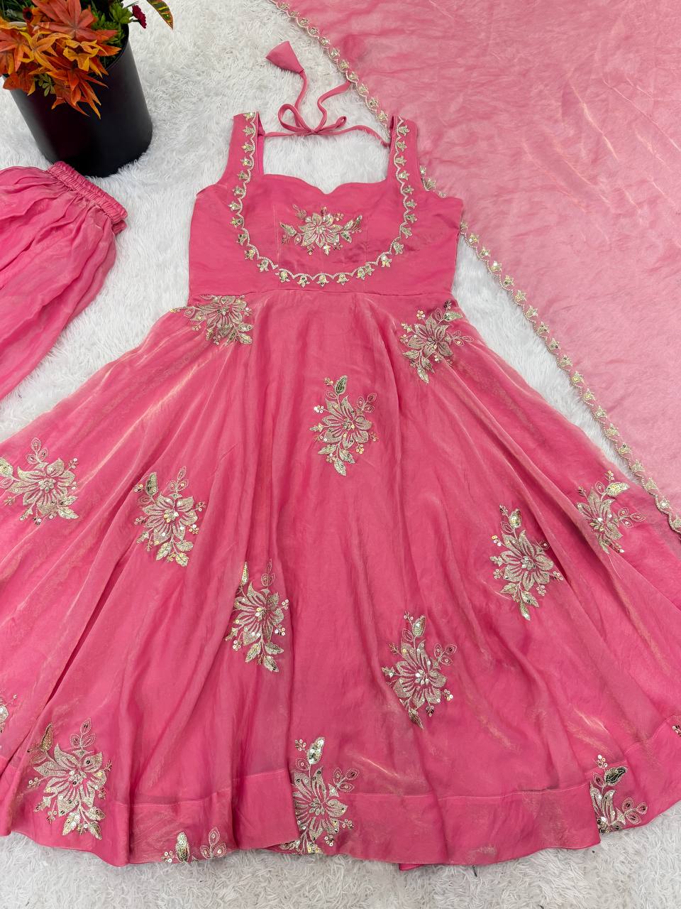 Awesome Pink Color Sequin Work Pure Fendy Silk Anarkali Gown Set
