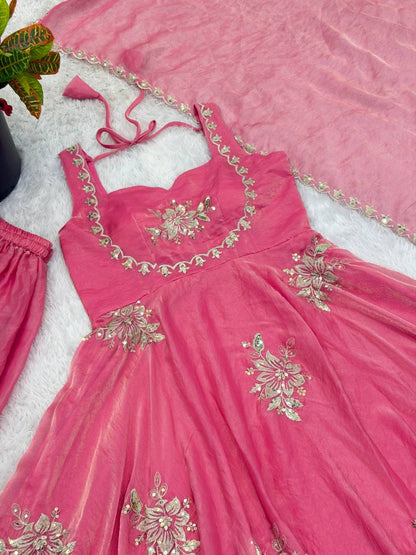 Awesome Pink Color Sequin Work Pure Fendy Silk Anarkali Gown Set