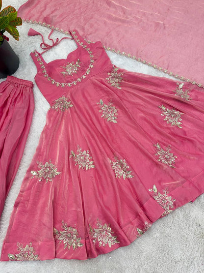 Awesome Pink Color Sequin Work Pure Fendy Silk Anarkali Gown Set