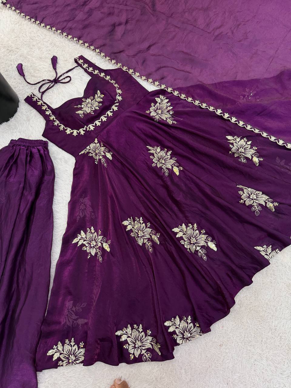 Designer Purple Color Embroidery Sequin Work Silk Anarkali Gown