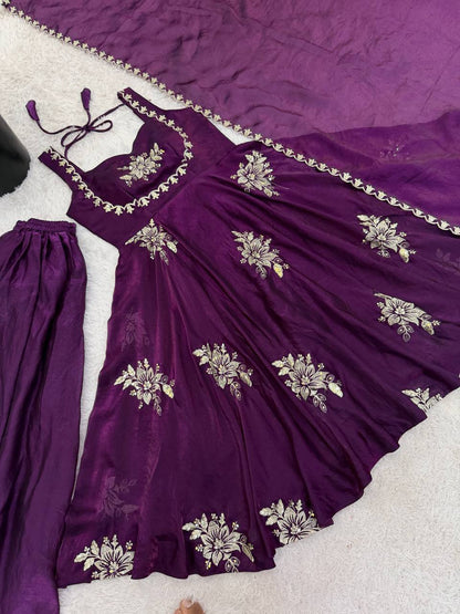 Designer Purple Color Embroidery Sequin Work Silk Anarkali Gown