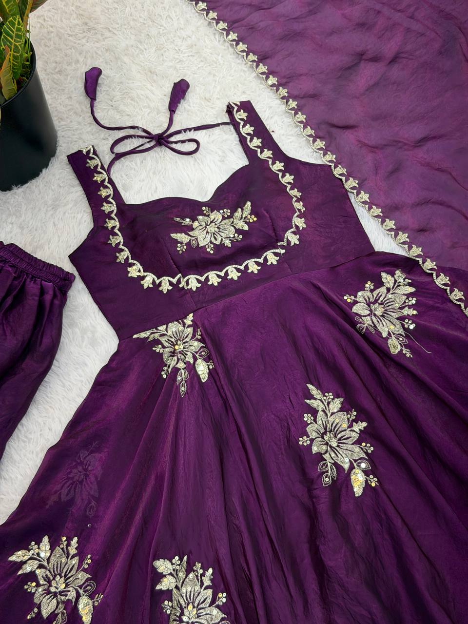 Designer Purple Color Embroidery Sequin Work Silk Anarkali Gown