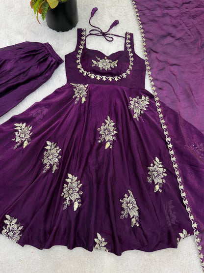 Designer Purple Color Embroidery Sequin Work Silk Anarkali Gown