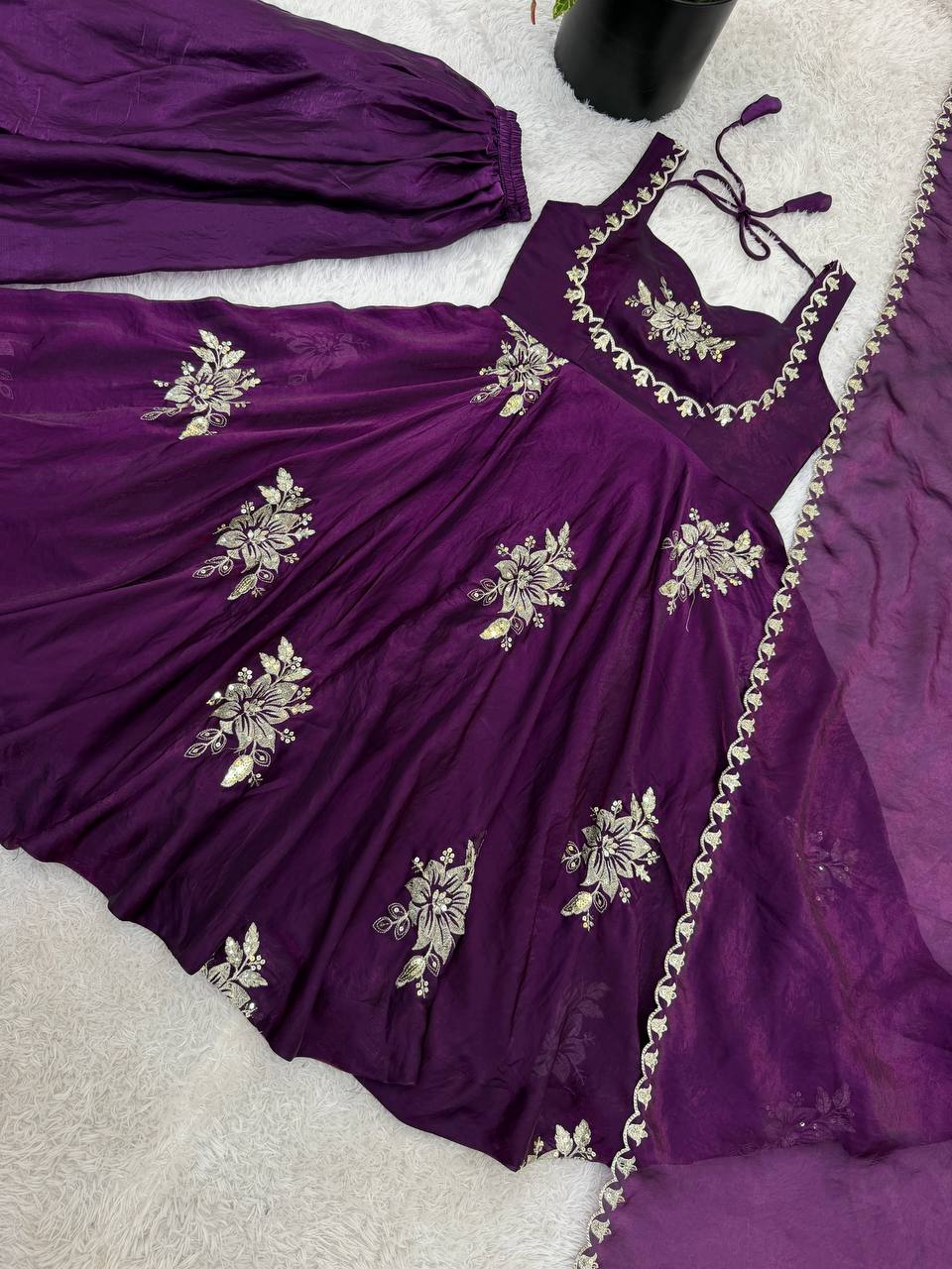 Designer Purple Color Embroidery Sequin Work Silk Anarkali Gown