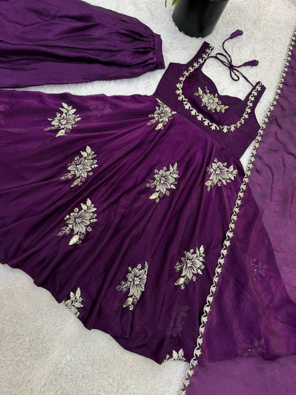 Designer Purple Color Embroidery Sequin Work Silk Anarkali Gown