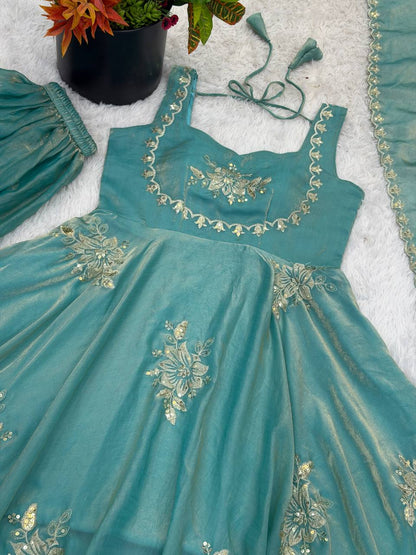 Demanding Sky Blue Color Pure Fendy Embroidery Silk Anarkali Gown
