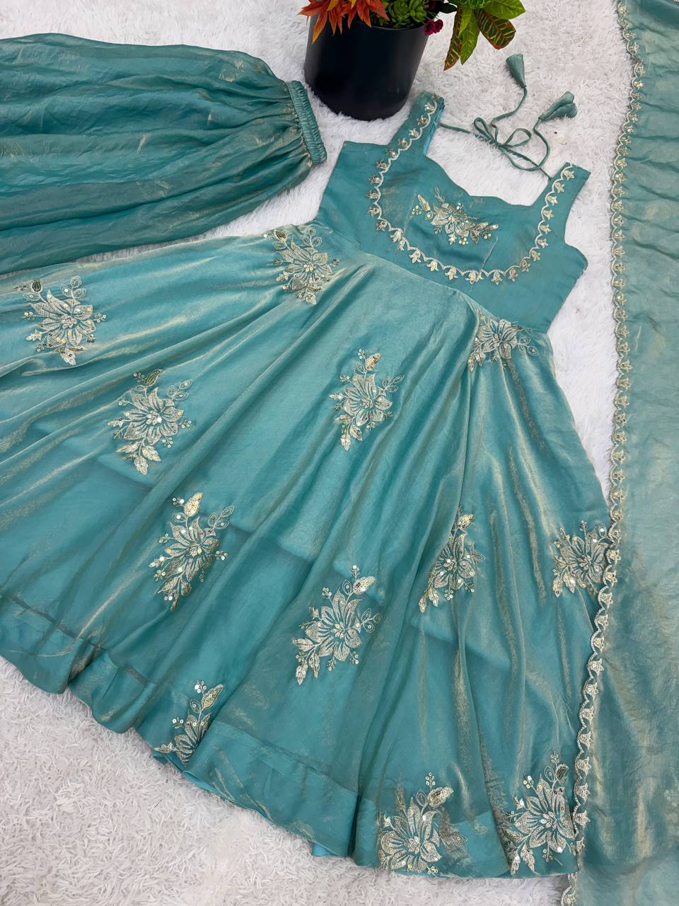 Demanding Sky Blue Color Pure Fendy Embroidery Silk Anarkali Gown