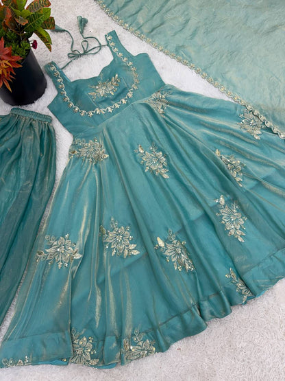 Demanding Sky Blue Color Pure Fendy Embroidery Silk Anarkali Gown