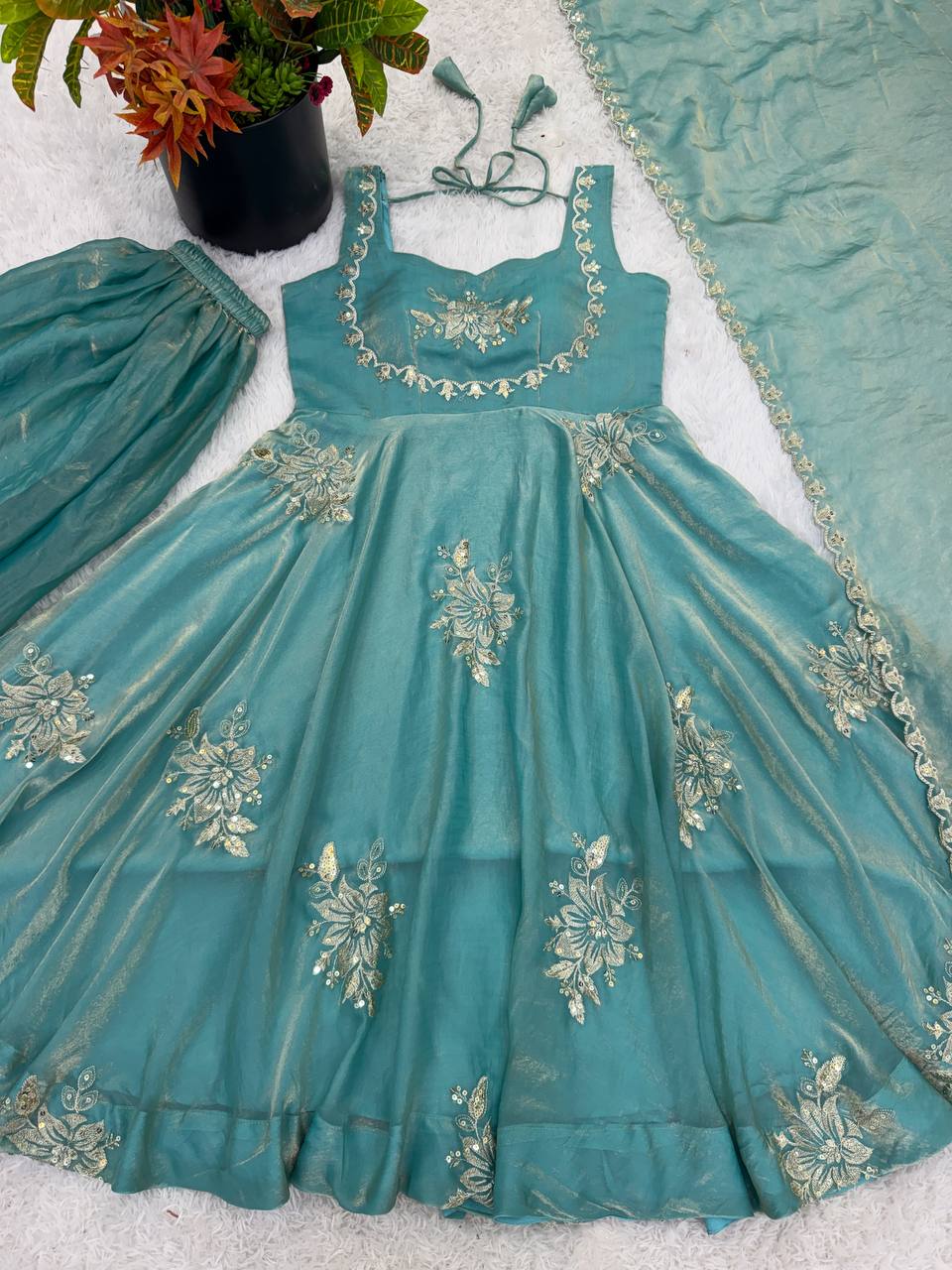 Demanding Sky Blue Color Pure Fendy Embroidery Silk Anarkali Gown