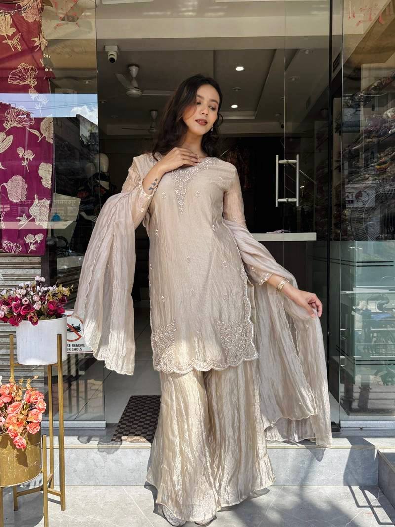 Party Wear Beige Color Embroidered Top With Palazzo And Dupatta Set