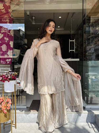 Party Wear Beige Color Embroidered Top With Palazzo And Dupatta Set