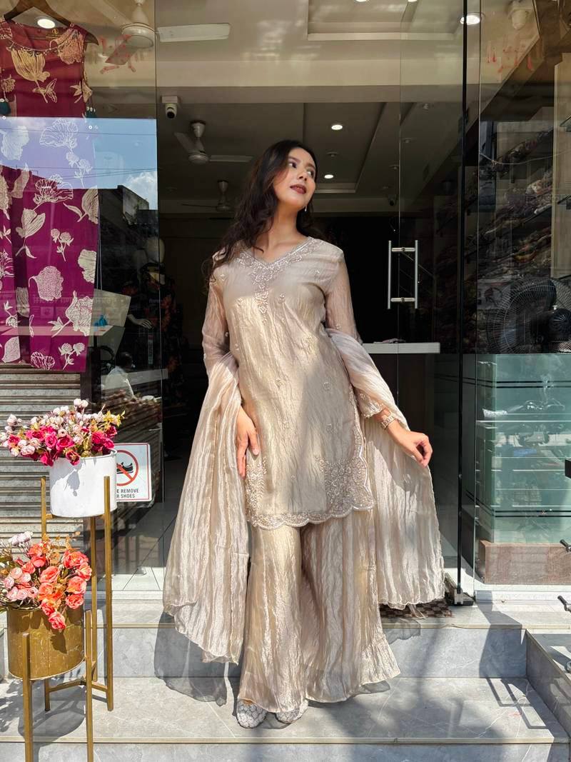 Party Wear Beige Color Embroidered Top With Palazzo And Dupatta Set