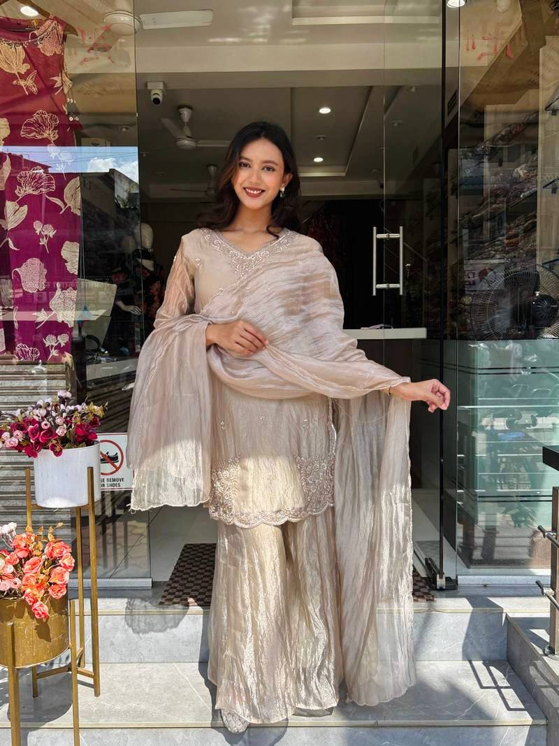 Party Wear Beige Color Embroidered Top With Palazzo And Dupatta Set