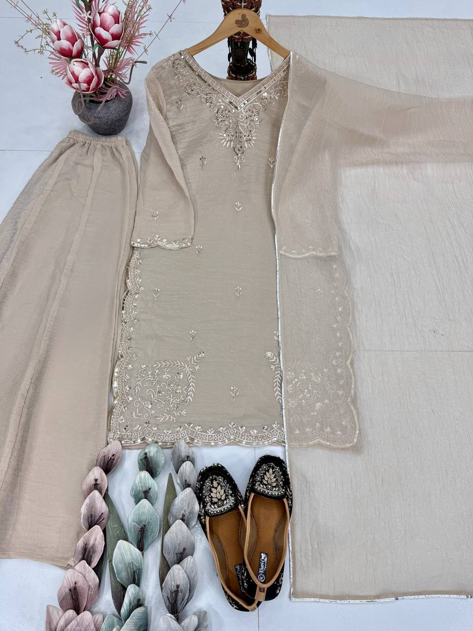 Party Wear Beige Color Embroidered Top With Palazzo And Dupatta Set