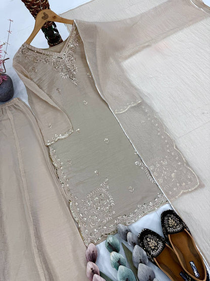 Party Wear Beige Color Embroidered Top With Palazzo And Dupatta Set